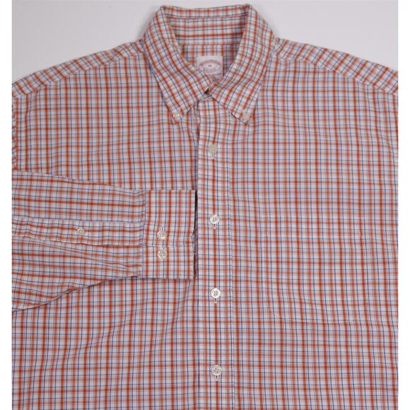 Brooks Brothers Non-Iron Orange Blue Plaid Button-Up Dress Shirt Medium - Picture 1 of 6